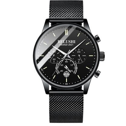 Black watch with mesh band and visible brand name on a white background