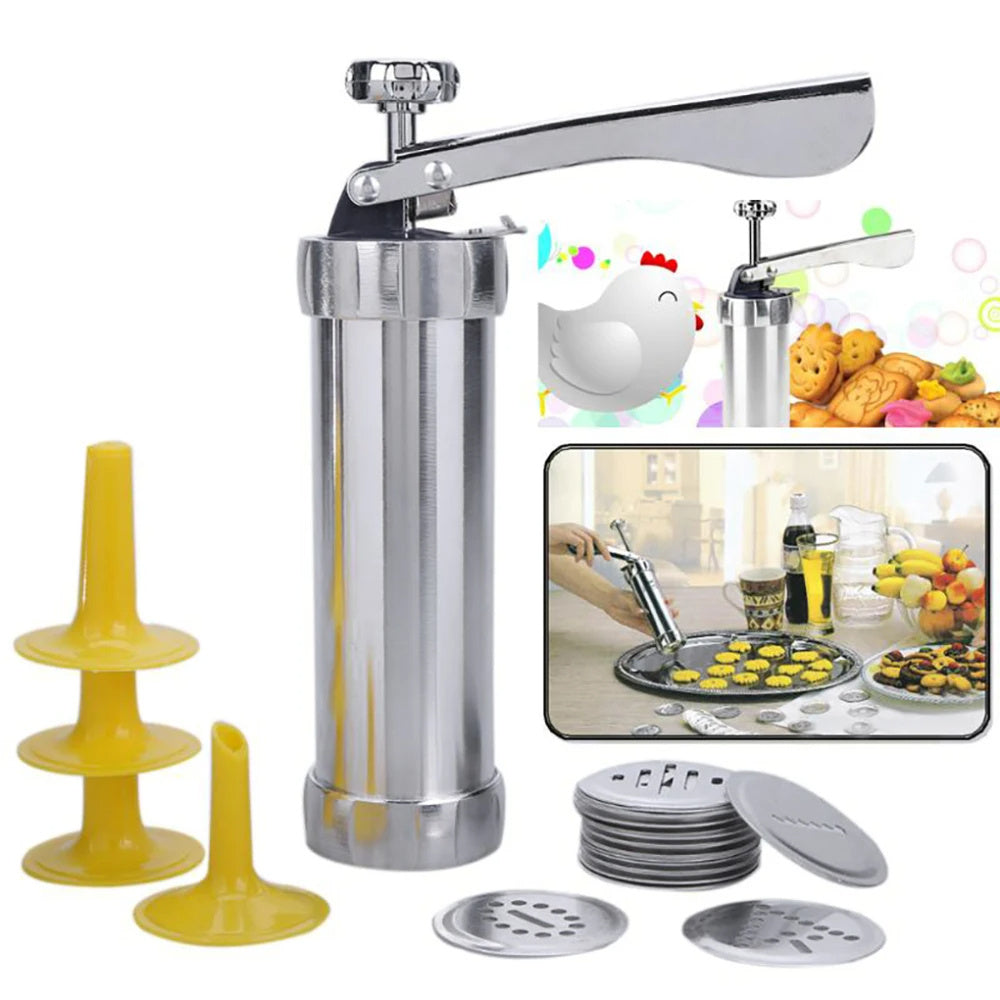 Cookie Press Gun & Icing Set – Alloy Maker with 20 Discs & 4 Pastry Tips