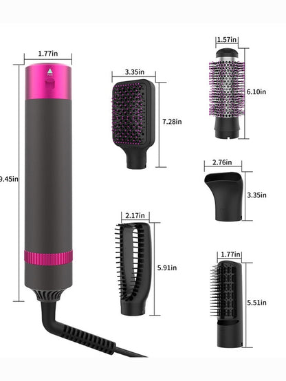Hair styling tool with various attachments and measurements on a white background