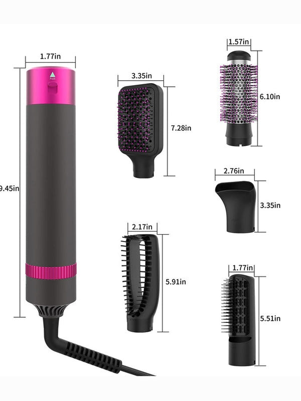 5-in-1 hair dryer brush set with multiple attachments and size diagram: straight, curl, and comb.