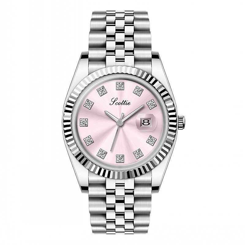 Silver watch with a pink face on a white background