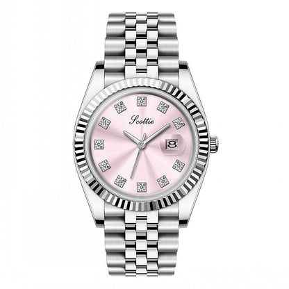 Silver watch with a pink face on a white background