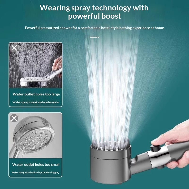 Handheld showerhead spraying a focused water stream with side flow control
