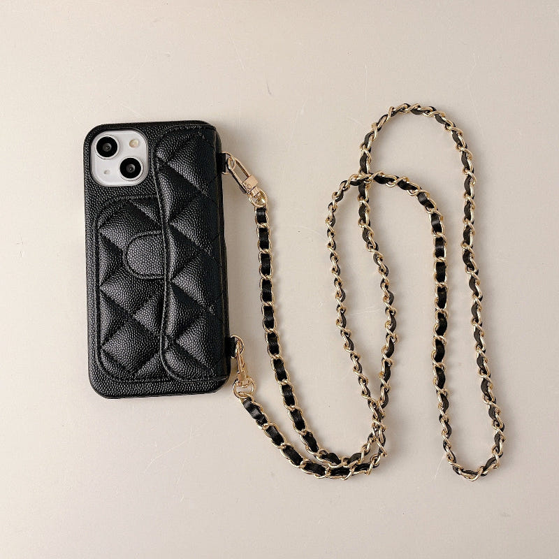 Quilted black phone case with gold chain strap, camera cutouts visible