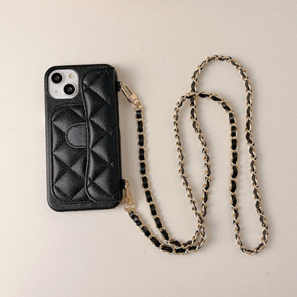 Quilted black phone case with gold chain strap, camera cutouts visible