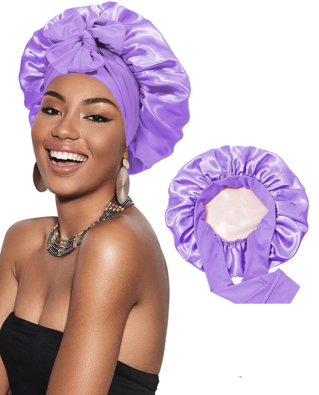 Lavender satin bonnet cap with ruched double-layer ribbon round crown