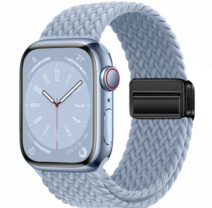 Woven magnetic buckle loop strap for smartwatch, light blue braided band and black clasp