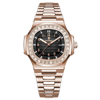Men's dress quartz watch, rose gold-tone bracelet, black dial.