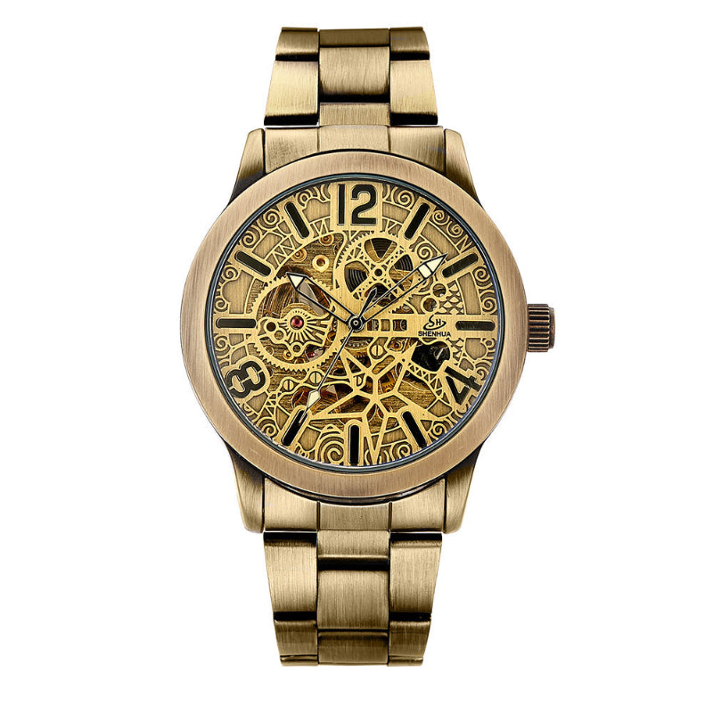 Gold wristwatch with intricate design on a white background