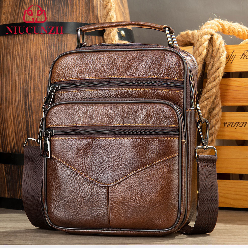 Men's genuine leather crossbody bag, textured brown with front zip pockets and shoulder strap