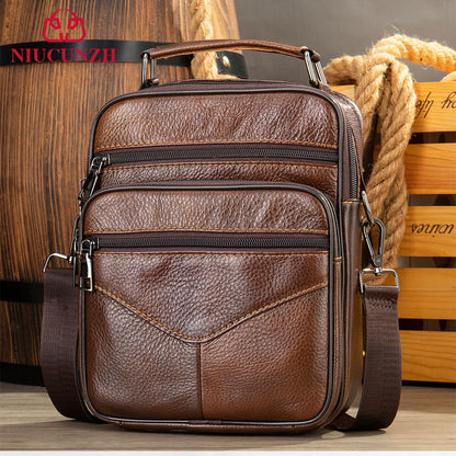 Men's genuine leather crossbody bag, textured brown with front zip pockets and shoulder strap
