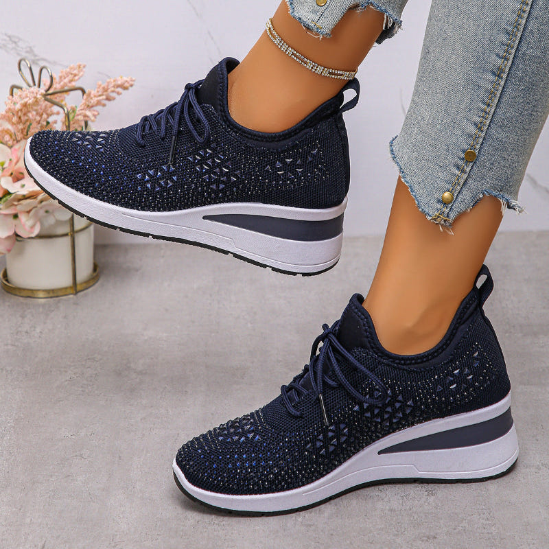 Breathable wedge sneakers, navy knit mesh lace-up with patterned upper and white wedge sole