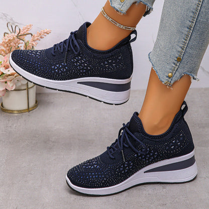 Breathable wedge sneakers, navy knit mesh lace-up with patterned upper and white wedge sole