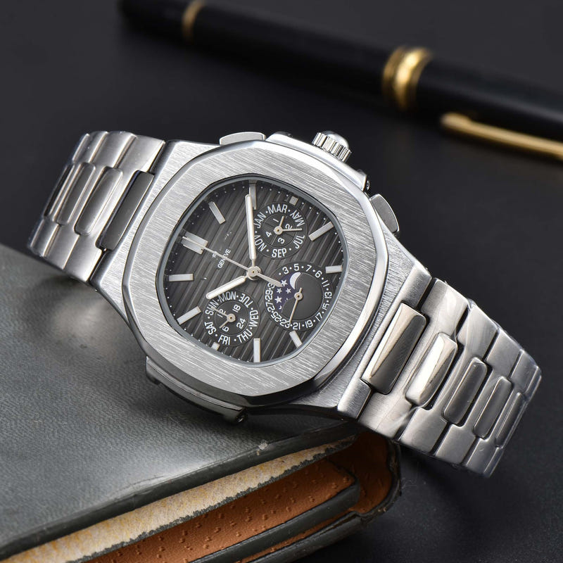Men's stainless steel bracelet watch with black dial and silver-tone case