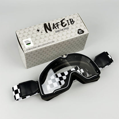 Black motorcycle goggles with mirror reflective lens and adjustable strap