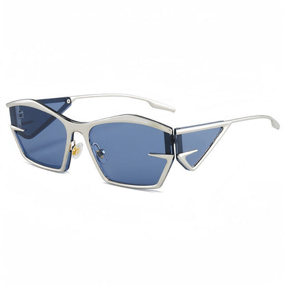 Geometric fashion sunglasses with silver frame and blue tinted lenses
