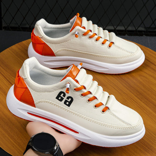 Men's beige sneakers with orange accents, lace-up, thick white sole