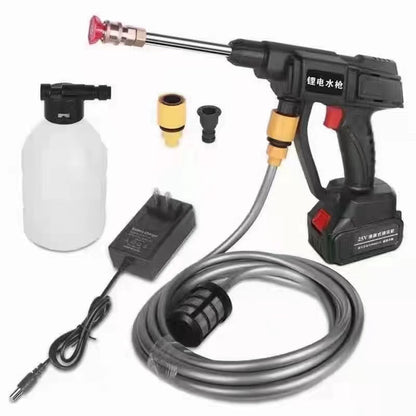 Cordless car pressure washer kit with black spray gun, hose, battery, and nozzle accessories