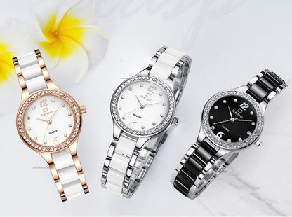 Set of three ceramic quartz watches: rose-gold, silver, and black with rhinestone bezels