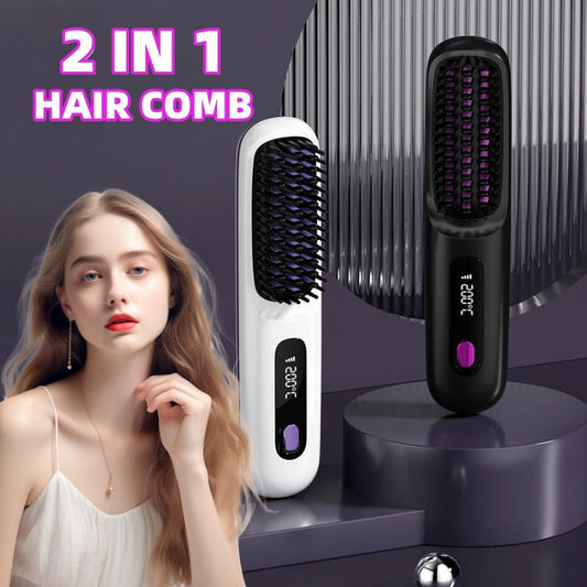 White and black hot comb hair straightener brush with purple bristles and LCD display