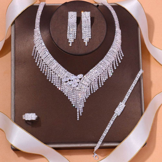 Micro Inlaid Zircon Tassel Necklace Four-piece Set - YAXSO