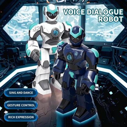 Two robots in a futuristic setting with text indicating voice dialogue capabilities.