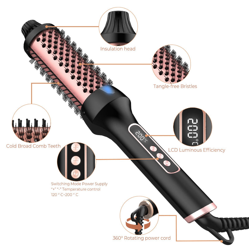 Hair styling tool with features highlighted on a white background