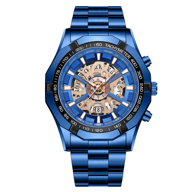 Blue wristwatch with a detailed face on a white background
