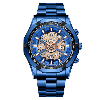 Blue wristwatch with a detailed face on a white background