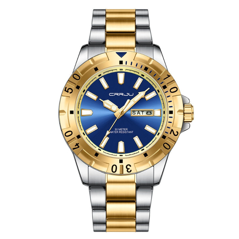 Wristwatch with gold and silver band and blue dial on a white background