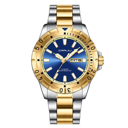 Wristwatch with gold and silver band and blue dial on a white background