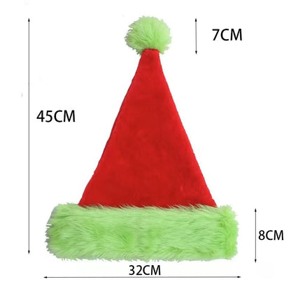 Red Santa hat with green fur trim and measurements on a white background