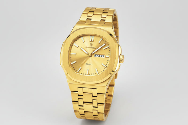 Gold-tone stainless steel quartz watch with golden dial and link bracelet, 32mm case