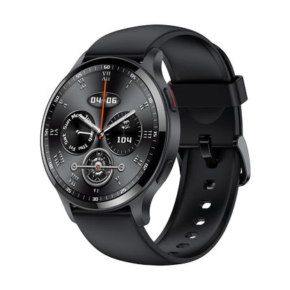 Black smartwatch with detailed face on a white background