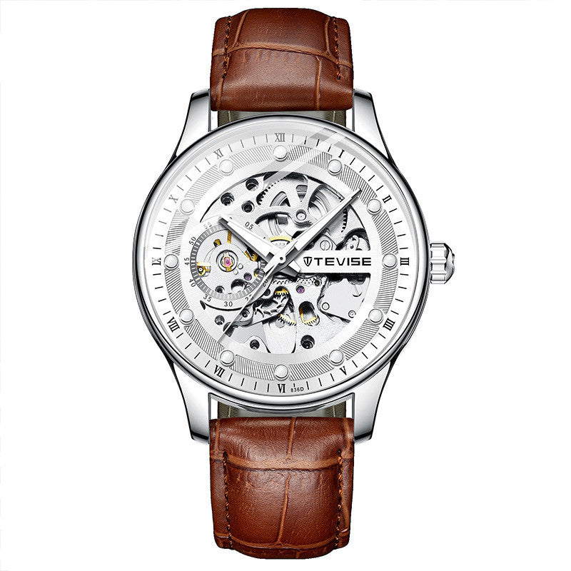 Watch with brown leather strap and silver case on white background