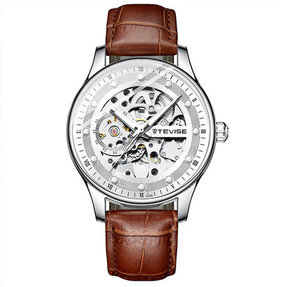 Watch with brown leather strap and silver case on white background