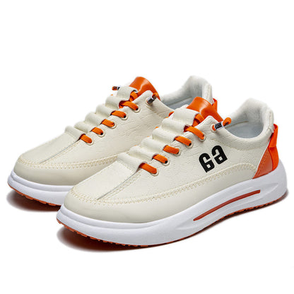 Men's light sneakers with orange laces, orange side panel, thick white sole