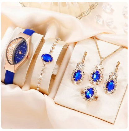 Quartz watch jewelry set with blue strap watch and blue oval stone drop earrings