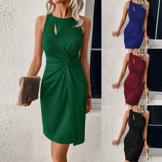 Women's Round Neck Slim-fit Hollow-out Design Sleeveless Sheath Dress - YAXSO