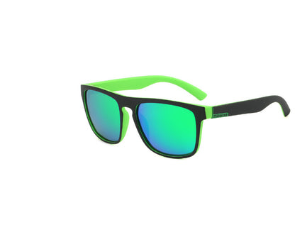 Sunglasses with green reflective lenses and black frames on a white background