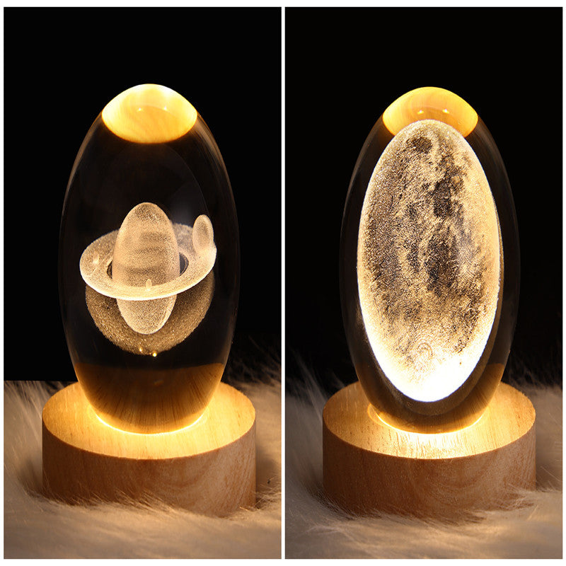 Two views of a glowing object on a wooden base against a dark background