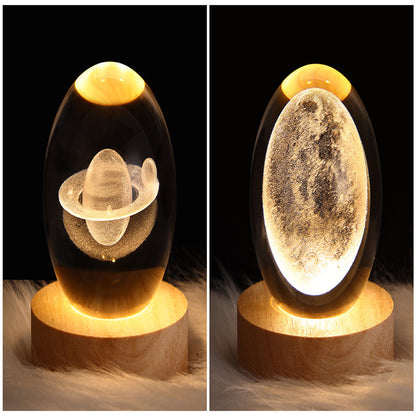 Two views of a glowing object on a wooden base against a dark background