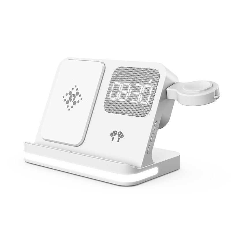 White charging dock with phone charging area, LED clock display, watch holder, earbuds case
