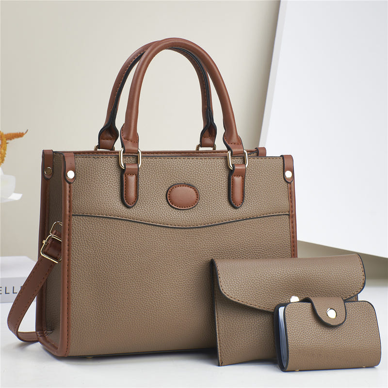 Three-piece shoulder bag set in beige with brown trim: structured tote plus two pouches