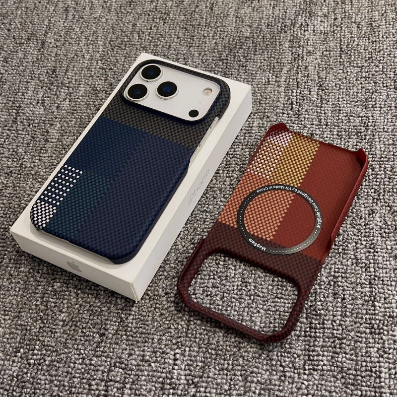 Magnetic iPhone case with blue gradient back and camera cutouts, plus red check pattern cover