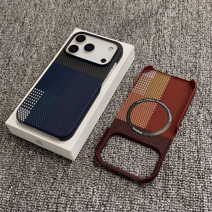 Magnetic iPhone case with blue gradient back and camera cutouts, plus red check pattern cover