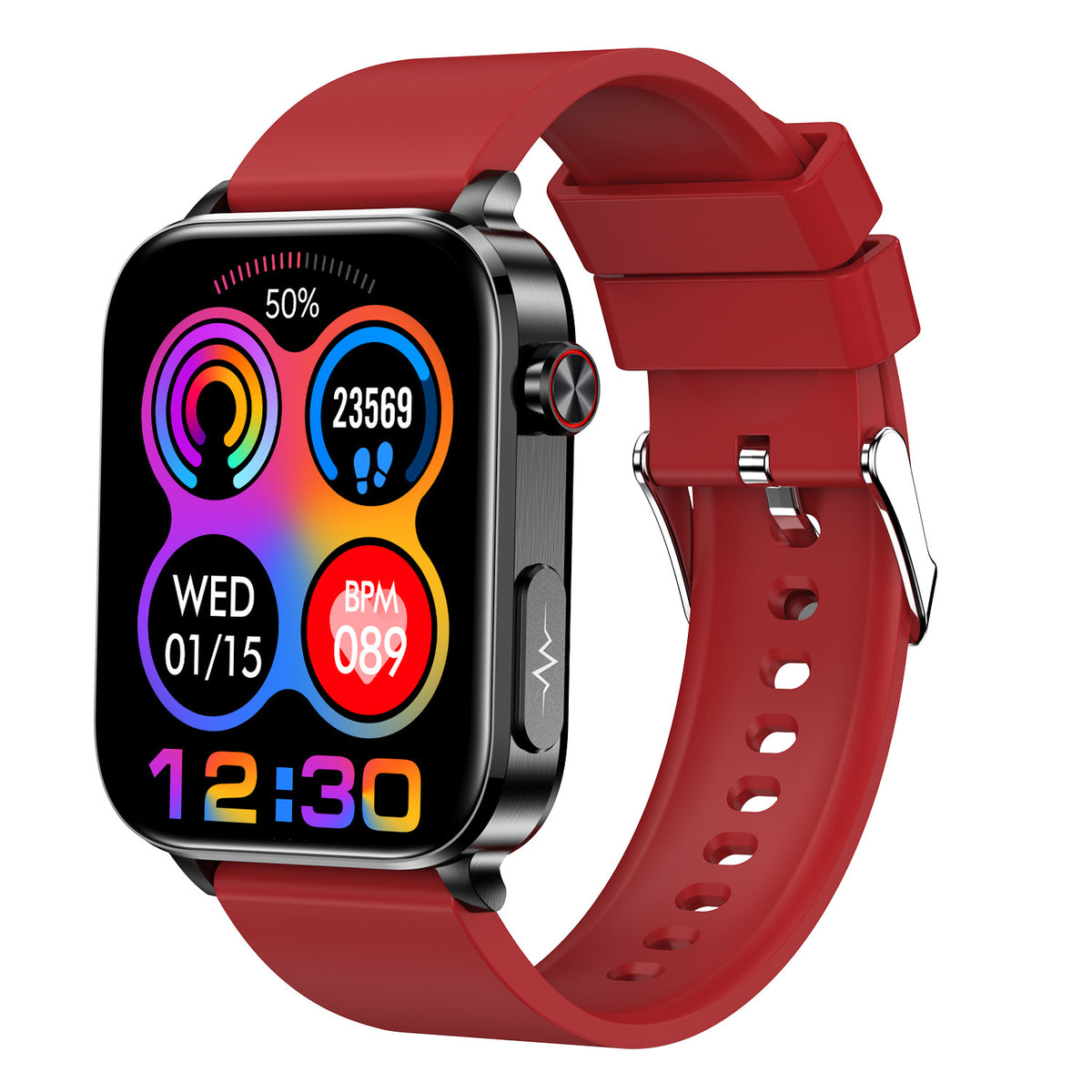 Bluetooth calling smart watch with red silicone strap, colorful fitness watch face