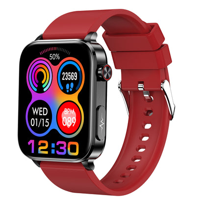 Bluetooth calling smart watch with red silicone strap, colorful fitness watch face