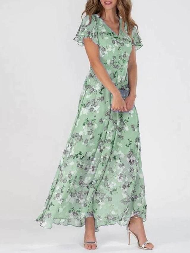 Flowers Print Short Sleeve Dress Summer Fashion Ruffle Beach Dresses Women's Clothing - YAXSO
