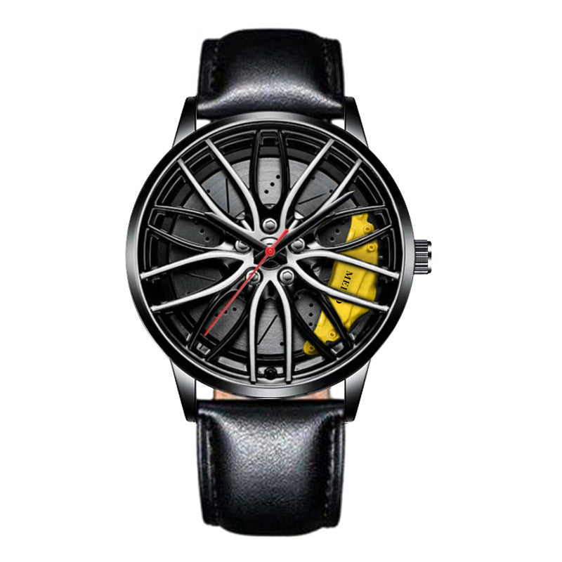 Wristwatch with a unique design featuring a wheel and black leather strap on a white background